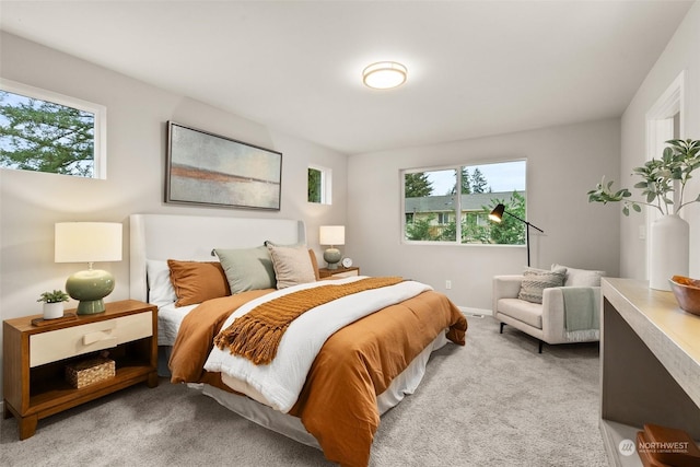 bedroom featuring light colored carpet