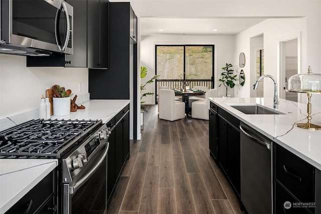 kitchen with dark hardwood / wood-style flooring, sink, light stone counters, and appliances with stainless steel finishes