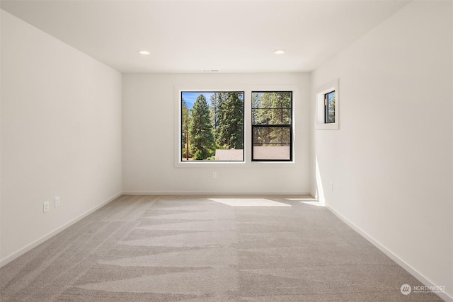 unfurnished room featuring light carpet