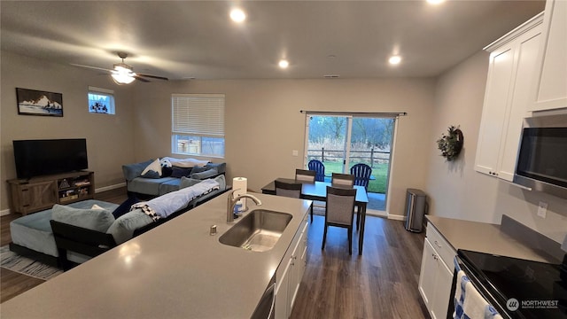 kitchen with stainless steel microwave, black electric range oven, dark wood-type flooring, white cabinetry, and a sink