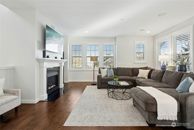 living room featuring dark wood-type flooring