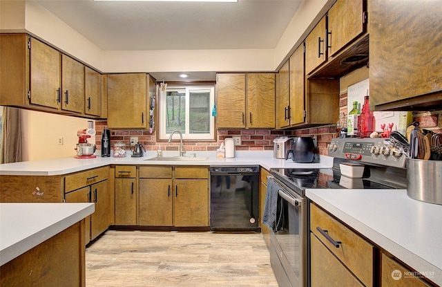 kitchen with sink, stainless steel electric range, light hardwood / wood-style flooring, dishwasher, and backsplash