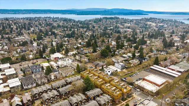 drone / aerial view featuring a water and mountain view