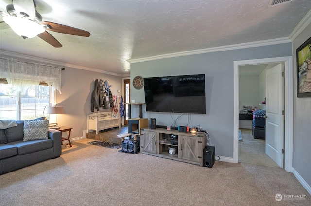 carpeted living room with ceiling fan, ornamental molding, and a textured ceiling