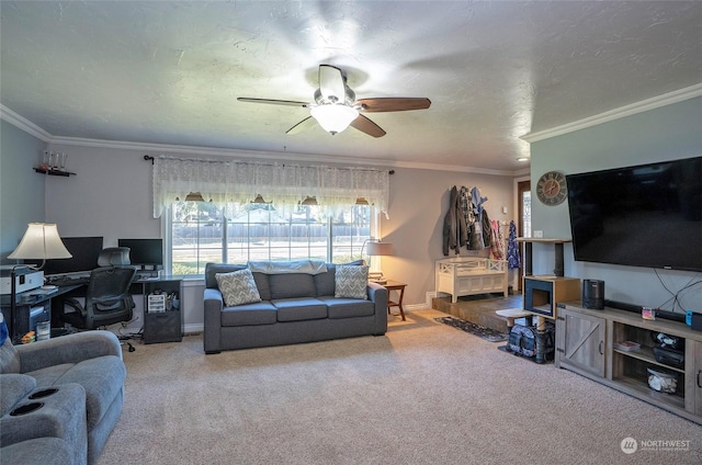 carpeted living room with a textured ceiling, ornamental molding, and ceiling fan