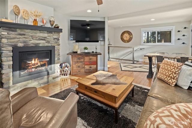 living room with a fireplace and wood-type flooring