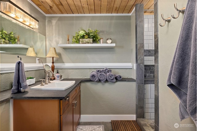 bathroom featuring vanity and wooden ceiling