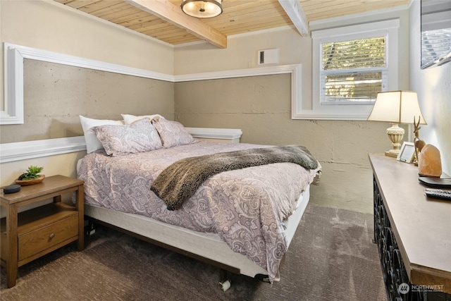 carpeted bedroom featuring wood ceiling and beam ceiling