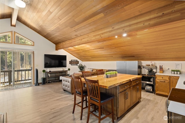 kitchen featuring appliances with stainless steel finishes, butcher block counters, vaulted ceiling with beams, light hardwood / wood-style floors, and a kitchen island