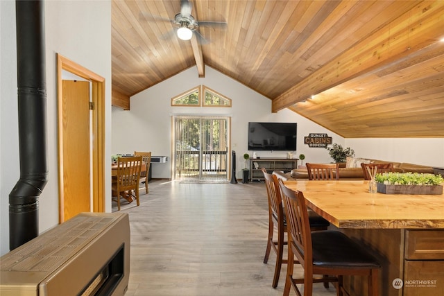 dining space with lofted ceiling with beams, ceiling fan, hardwood / wood-style floors, and wood ceiling