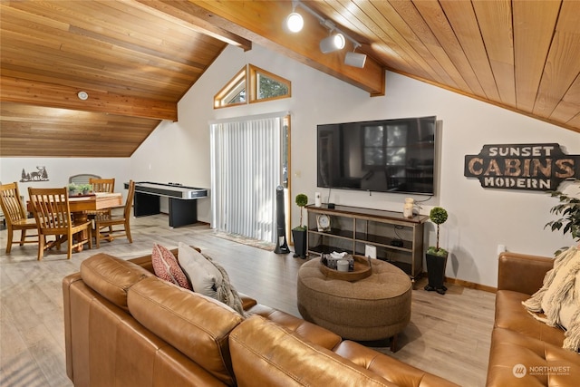 living room with lofted ceiling with beams, track lighting, wooden ceiling, and light hardwood / wood-style flooring