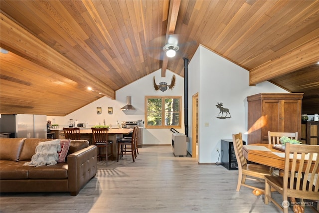 interior space featuring vaulted ceiling with beams, wooden ceiling, and light wood-type flooring