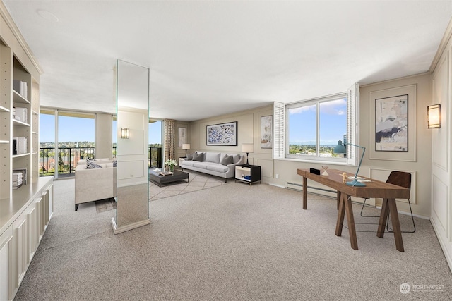 carpeted living room with a baseboard radiator