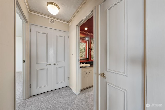 corridor featuring ornamental molding, sink, light carpet, and a textured ceiling