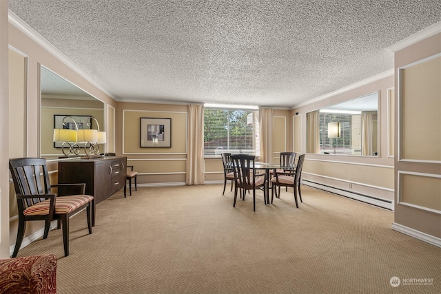 dining room with crown molding, light colored carpet, and baseboard heating