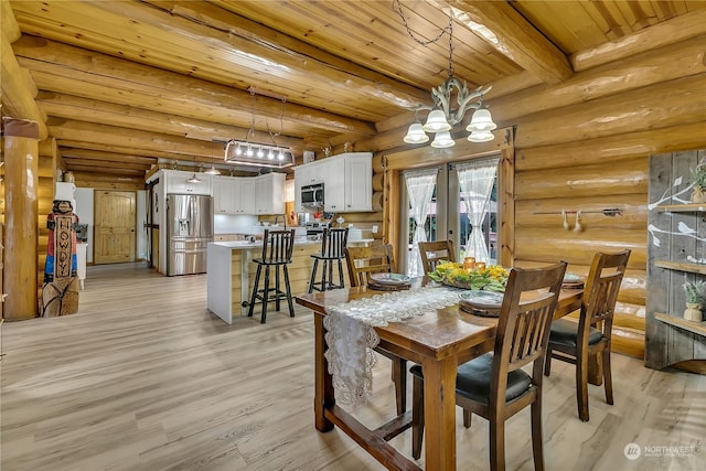 dining room featuring rustic walls, light hardwood / wood-style floors, wooden ceiling, french doors, and beamed ceiling