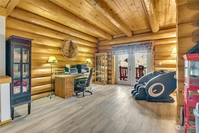 home office with rustic walls, light hardwood / wood-style floors, wooden ceiling, french doors, and beamed ceiling