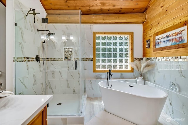 bathroom featuring vanity, separate shower and tub, tile walls, and wooden ceiling