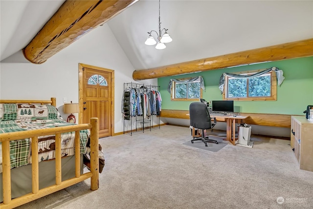 office featuring light carpet, high vaulted ceiling, beamed ceiling, and an inviting chandelier