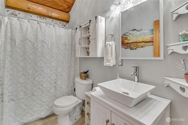 bathroom with vanity, curtained shower, and toilet