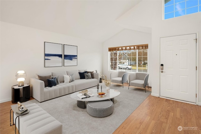 living room featuring hardwood / wood-style floors and high vaulted ceiling