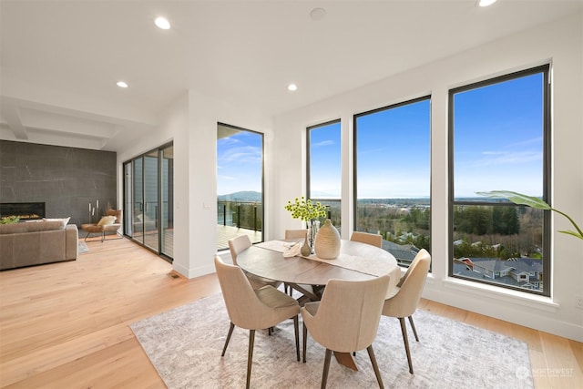 dining area featuring a high end fireplace and light hardwood / wood-style flooring