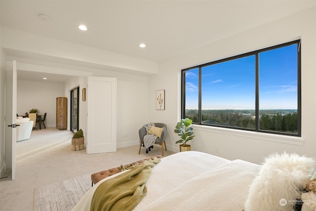 bedroom featuring light colored carpet