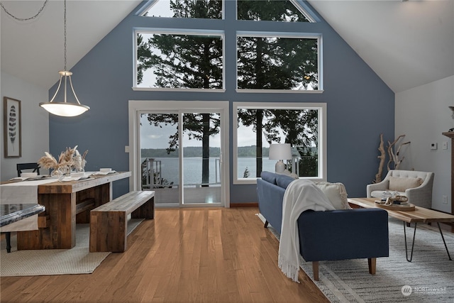 living room featuring a water view, high vaulted ceiling, and light hardwood / wood-style floors