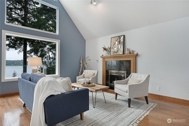 living room with hardwood / wood-style flooring, a fireplace, high vaulted ceiling, and a water view