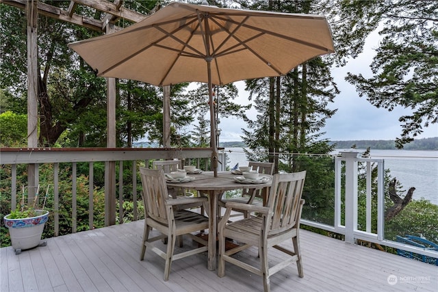 deck featuring a water view