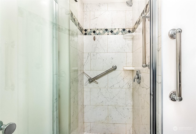 bathroom with a shower with shower door