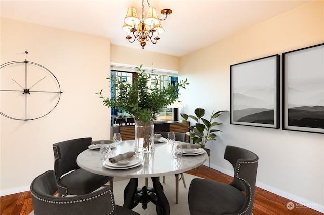 dining room featuring wood-type flooring and a notable chandelier