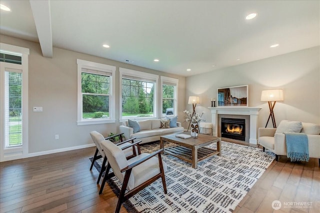 living area with plenty of natural light, recessed lighting, a glass covered fireplace, and hardwood / wood-style floors