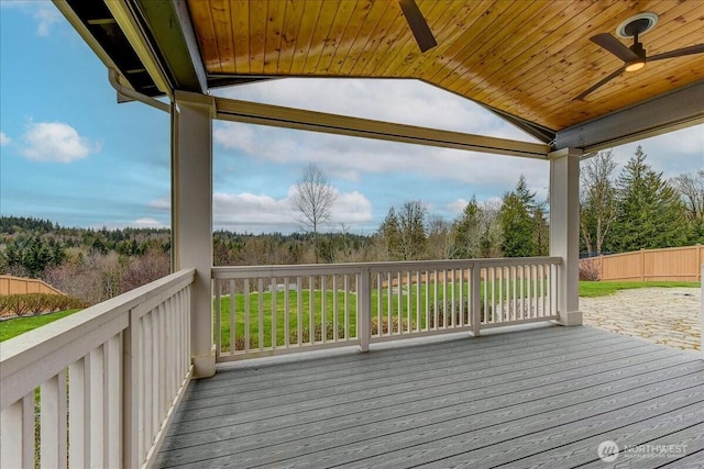 wooden deck with a yard and fence