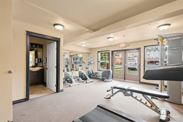 exercise room featuring sink and french doors