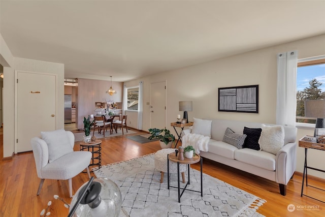 living room featuring a wealth of natural light and light wood-type flooring