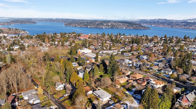 drone / aerial view with a water view