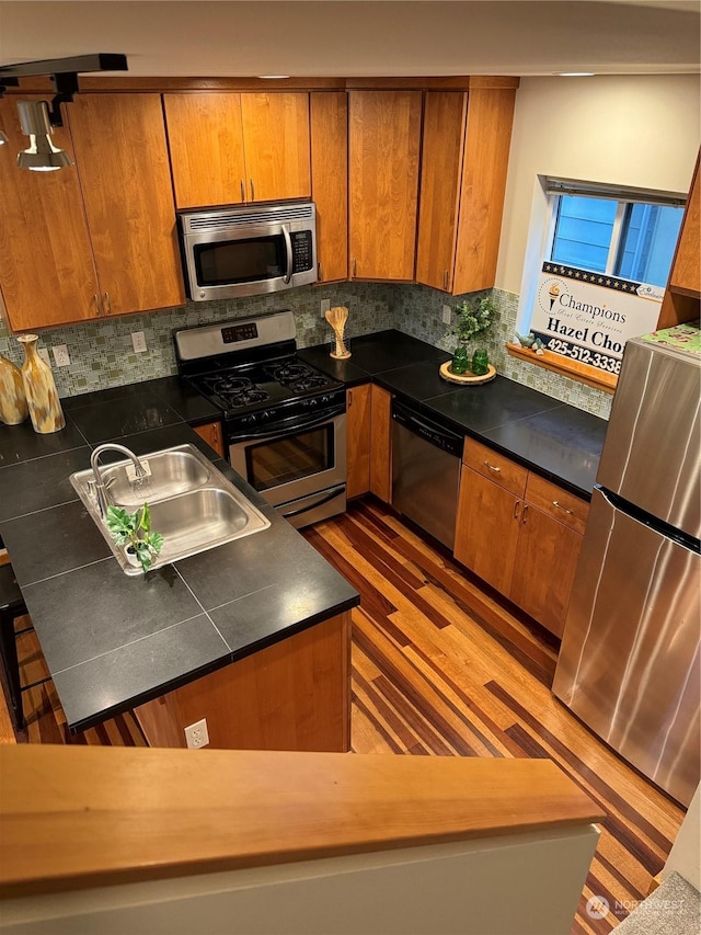 kitchen featuring tasteful backsplash, sink, dark wood-type flooring, and stainless steel appliances