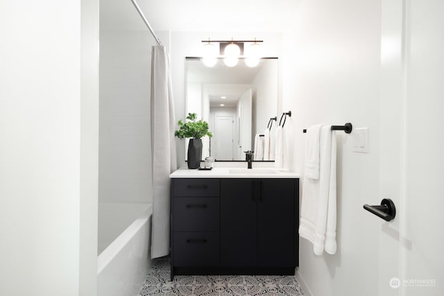 bathroom with vanity, tile patterned floors, and shower / bathtub combination with curtain