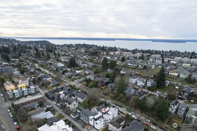 drone / aerial view featuring a water view