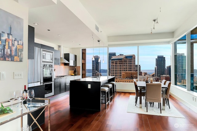 dining room featuring sink and dark hardwood / wood-style floors