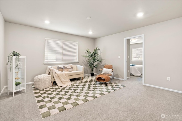 living area featuring light colored carpet