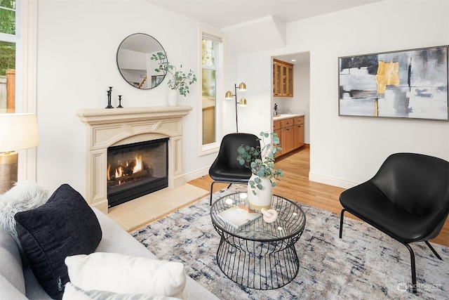 living room featuring a tile fireplace and light hardwood / wood-style flooring