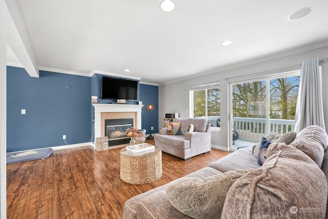 living room featuring crown molding, wood-type flooring, and a tiled fireplace