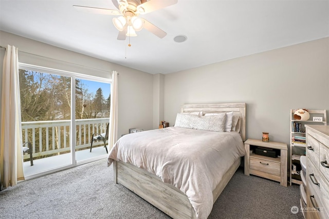 carpeted bedroom with ceiling fan and access to outside