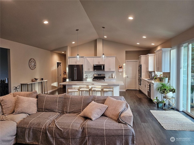 living room with lofted ceiling, sink, and dark wood-type flooring