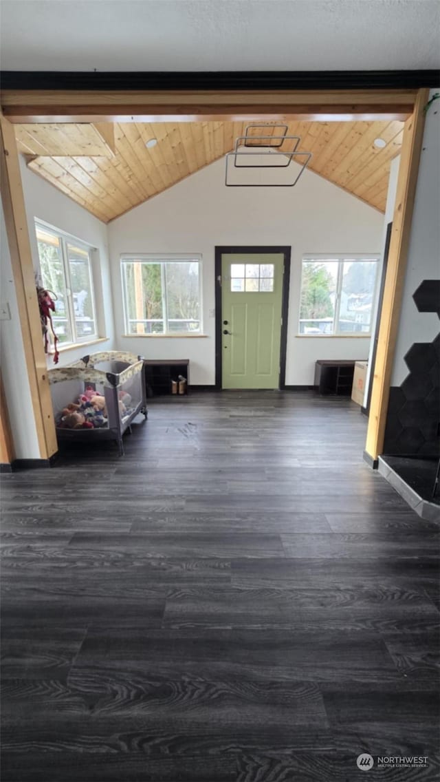 entrance foyer with vaulted ceiling, plenty of natural light, and dark hardwood / wood-style flooring