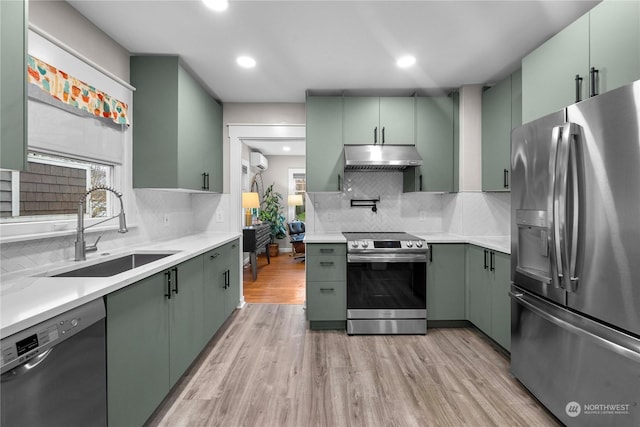 kitchen featuring a sink, stainless steel appliances, light wood-style floors, under cabinet range hood, and green cabinets