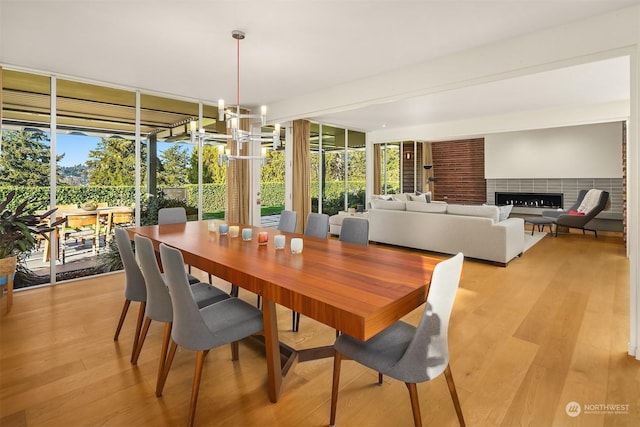 dining space with floor to ceiling windows, a wealth of natural light, a notable chandelier, and light wood-type flooring