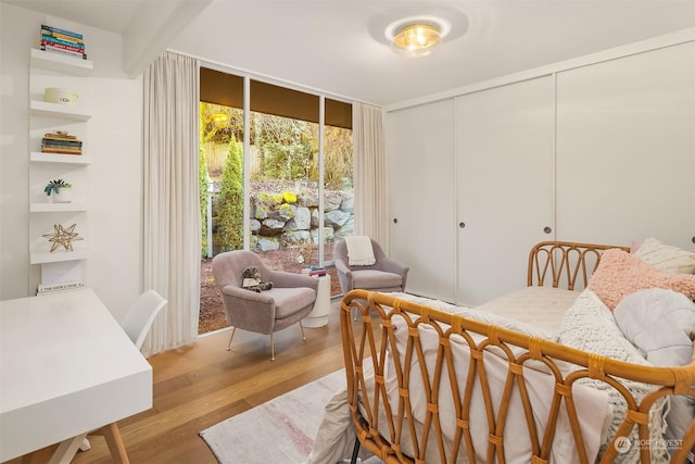 bedroom featuring floor to ceiling windows, access to exterior, light hardwood / wood-style floors, and a closet